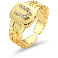 Copper Cubic Zirconia Gold Letter Free Size Adjustable Ring Women