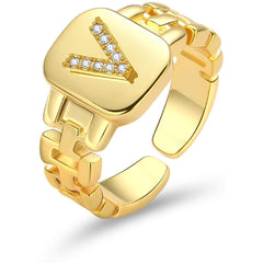 Copper Cubic Zirconia Gold Letter Free Size Adjustable Ring Women