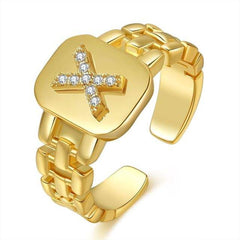 Copper Cubic Zirconia Gold Letter Free Size Adjustable Ring Women