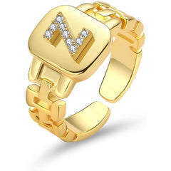 Copper Cubic Zirconia Gold Letter Free Size Adjustable Ring Women
