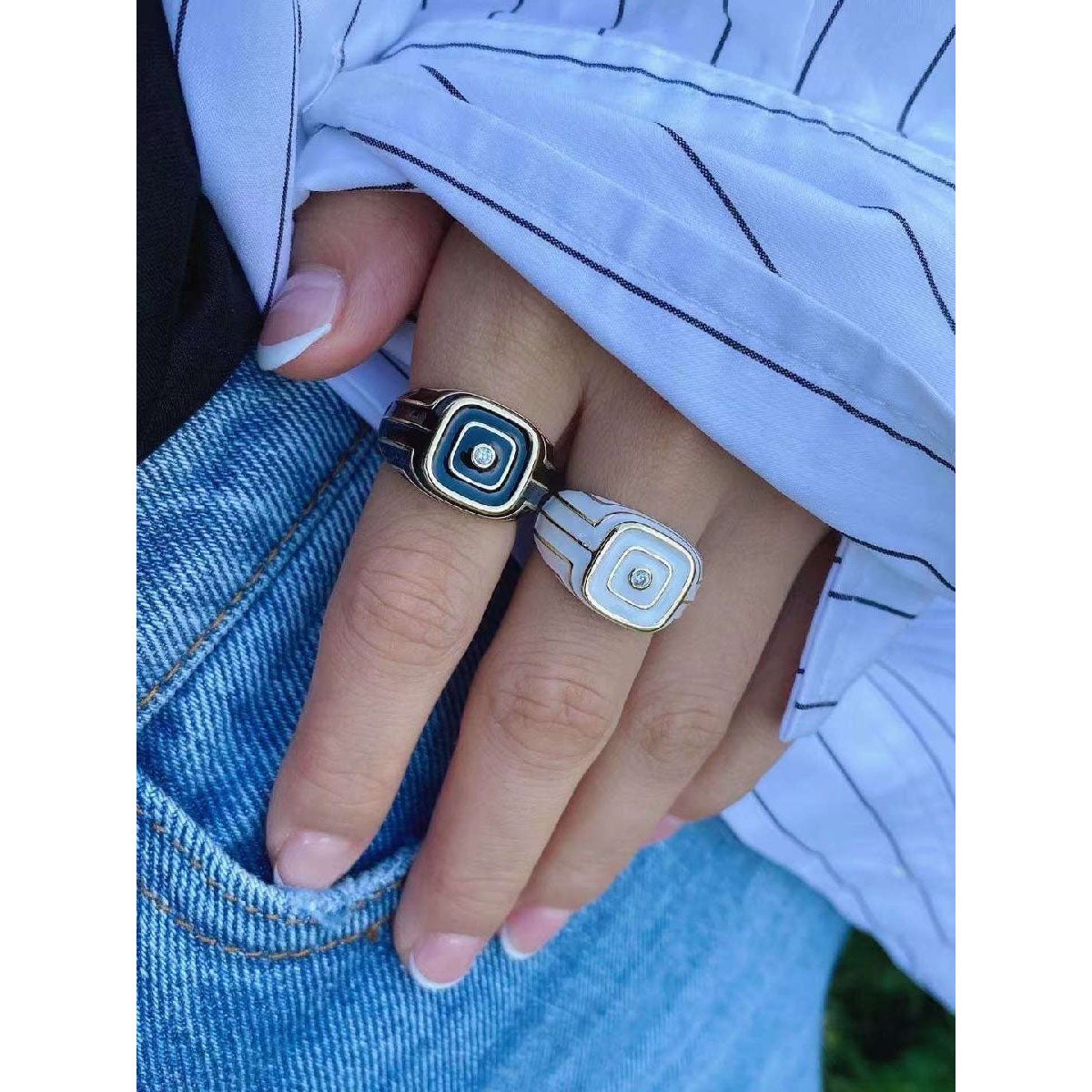 Smart Geometric Stripes White Enamel Gold Copper Open Back Ring Women