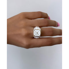Smart Geometric Stripes White Enamel Gold Copper Open Back Ring Women