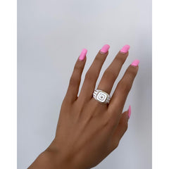 Smart Geometric Stripes White Enamel Gold Copper Open Back Ring Women