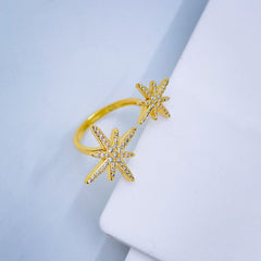 Copper Cubic Zirconia Gold Twin Star Burst Adjustable Ring For Women