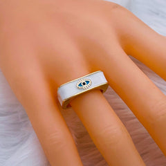 Copper Enamel White Gold Evil Eye Free Size Adjustable Ring For Women