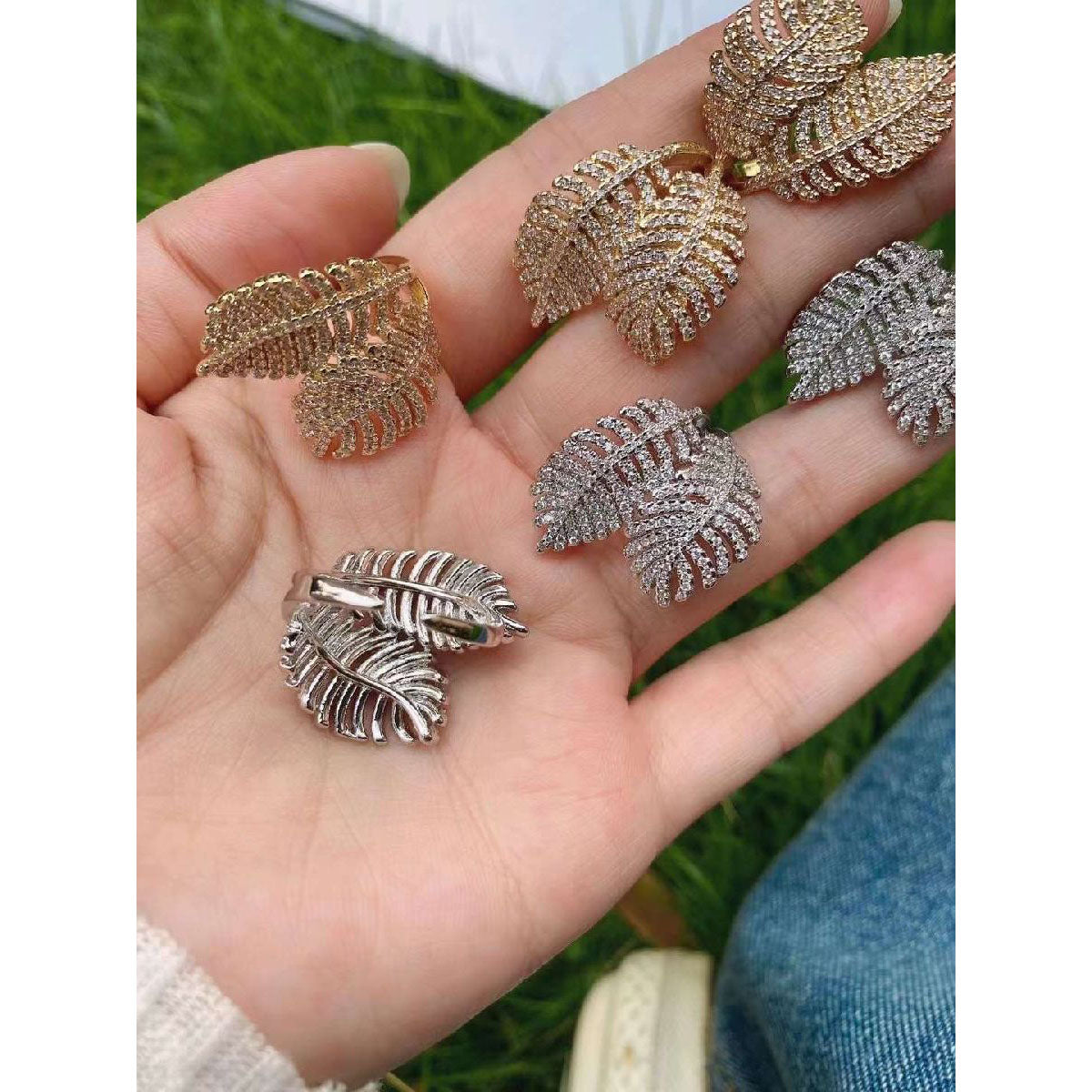 Copper Cubic Zirconia Gold Dual Feather Leaf Adjustable Ring For Women