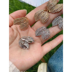 Copper Cubic Zirconia Gold Dual Feather Leaf Adjustable Ring For Women