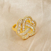 Copper Triple Heart Love Crystal Baguette Gold Adjustable Ring Women