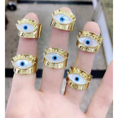 Evil Eye Mother of Pearl Chunky 18K Gold Free Size Ring for Women