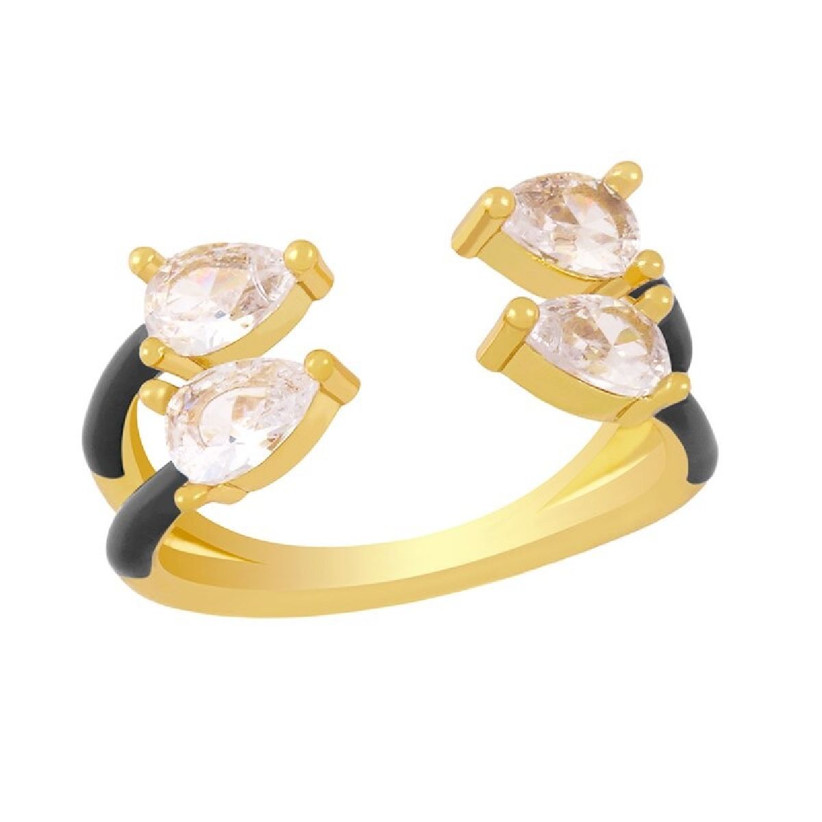 Twin Pear Black Cubic Zirconia Enamel 18K Gold Copper Free Size Ring Women