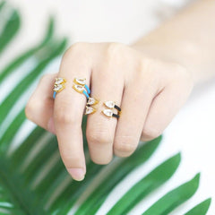 Twin Pear Black Cubic Zirconia Enamel 18K Gold Copper Free Size Ring Women