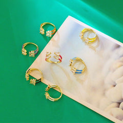 Twin Pear Black Cubic Zirconia Enamel 18K Gold Copper Free Size Ring Women