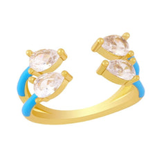 Twin Pear Black Cubic Zirconia Enamel 18K Gold Copper Free Size Ring Women