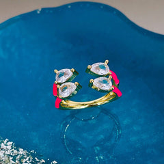 Twin Pear Black Cubic Zirconia Enamel 18K Gold Copper Free Size Ring Women