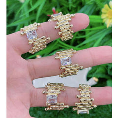 Emerald Cut Cubic Zirconia 18K Frosted Gold Open Back Ring for Women