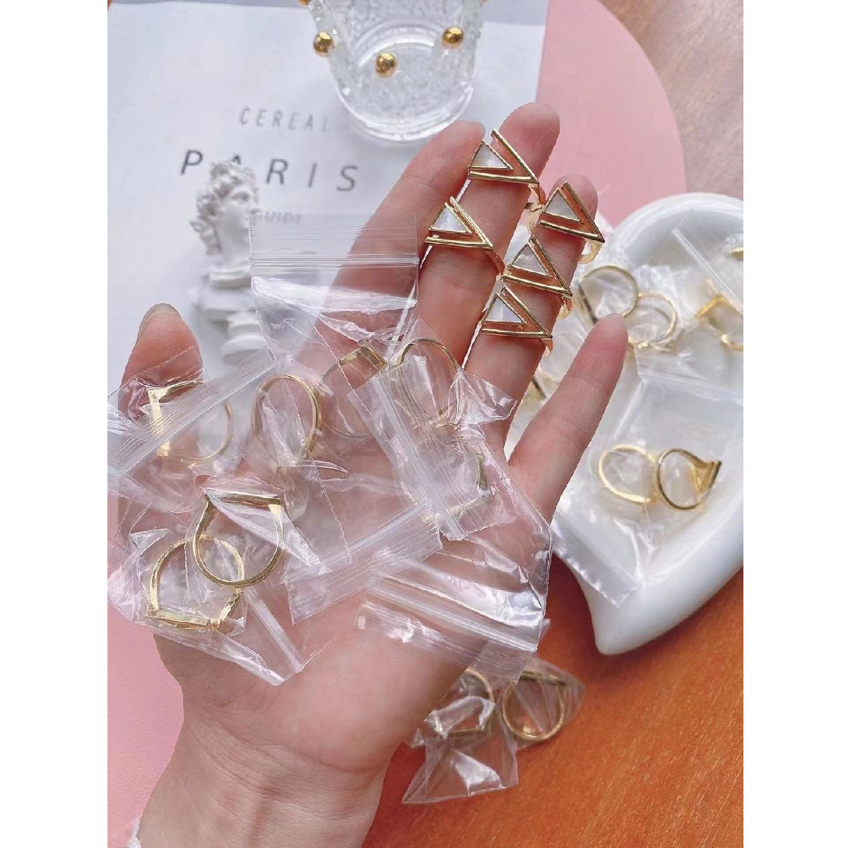 Shell Mother Of Pearl Geometric 18K Gold Copper Free Size Ring Women