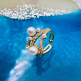 Criss Cross Pearl Cubic Zirconia 18K Gold Copper Adjustable Ring for Women