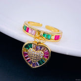 Heart Love Rainbow Multi Color Baguette 18K Gold Open Back Ring