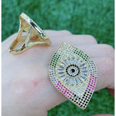 Large Evil Eye Rainbow 18K Gold Anti Tarnish Copper Open Back Ring Women