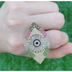 Large Evil Eye Rainbow 18K Gold Anti Tarnish Copper Open Back Ring Women