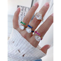 Pear Drop Baguette Cubic Zirconia 18K Gold Free Size Ring For Women