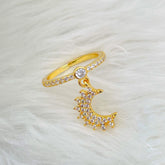 Crescent Charm Dangling Copper 18K Gold Free Size Ring For Women