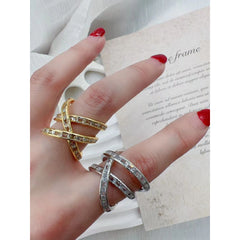 Dual Criss Cross Cubic Zirconia 18K Gold Copper Open Back Ring for Women