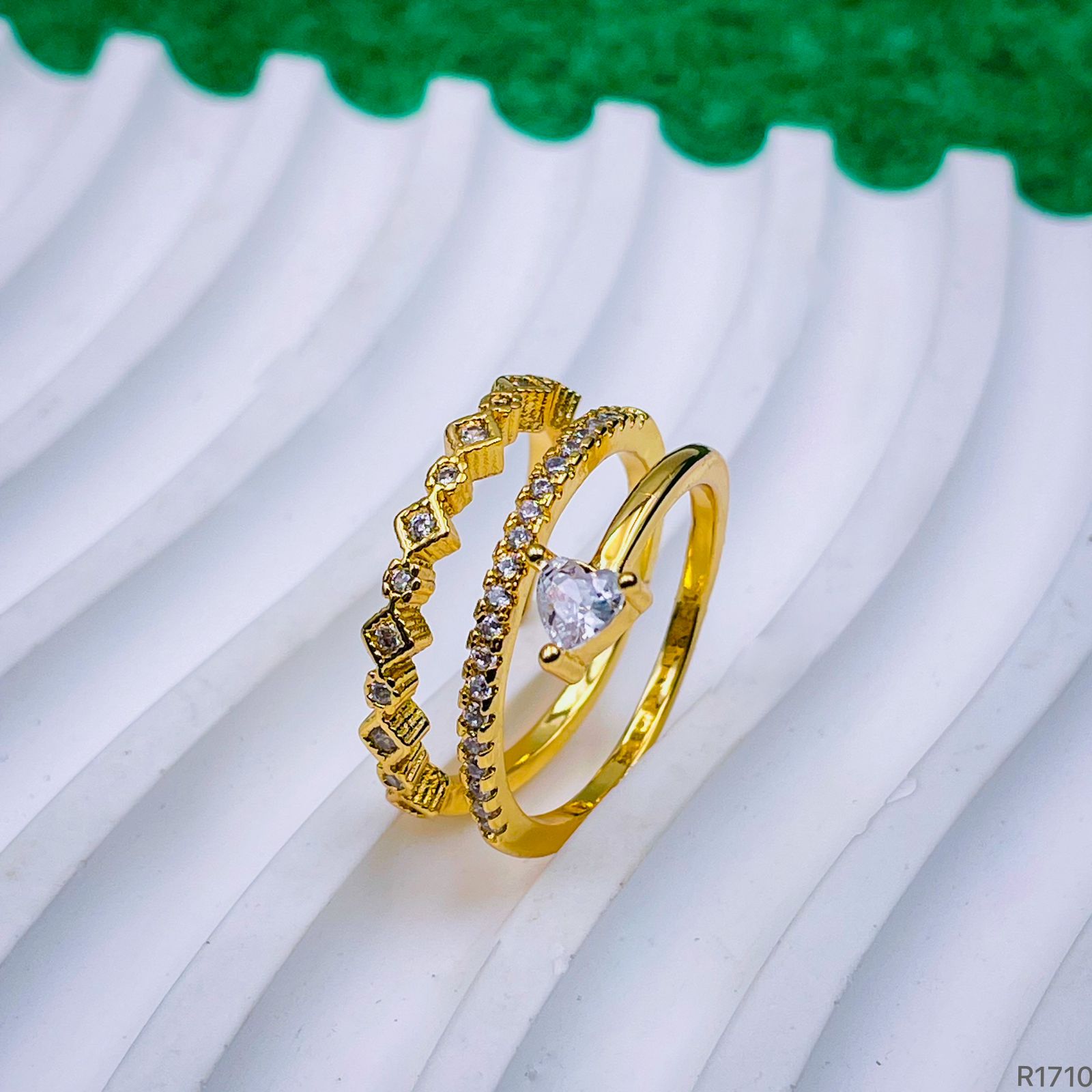 Triple Layer Fancy Cubic Zirconia 18K Gold Free Size Ring for