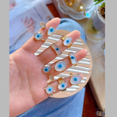 Uneven Rectangle Evil Eye Mother Of Pearl 18K Gold Free Size Band Ring For Women