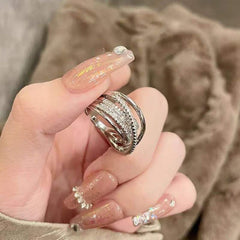 Cross Over Layered Cubic Zirconia Silver Anti Tarnish Adjustable Ring for Women