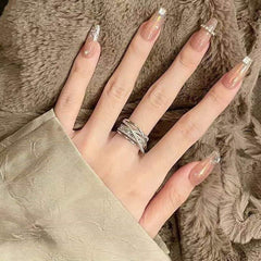 Cross Over Layered Cubic Zirconia Silver Anti Tarnish Adjustable Ring for Women