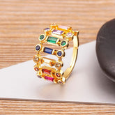 Twin Layer Multi Color Rainbow Baguette 18 Gold Anti Tarnish Free Size Ring for Women