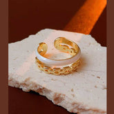 Dual Layer White Enamel Geometric 18K Gold Anti Tarnish Free Size Ring for Women