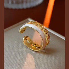 Dual Layer White Enamel Geometric 18K Gold Anti Tarnish Free Size Ring for Women