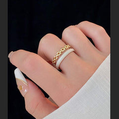 Dual Layer White Enamel Geometric 18K Gold Anti Tarnish Free Size Ring for Women