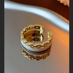Dual Layer White Enamel Geometric 18K Gold Anti Tarnish Free Size Ring for Women