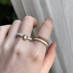 Dual Layer White Enamel Geometric 18K Gold Anti Tarnish Free Size Ring for Women