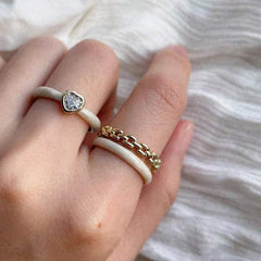 Dual Layer White Enamel Geometric 18K Gold Anti Tarnish Free Size Ring for Women