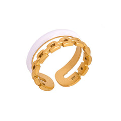 Dual Layer White Enamel Geometric 18K Gold Anti Tarnish Free Size Ring for Women