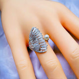 Hand Fan Baguette Cubic Zirconia Pearl Silver Anti Tarnish Free Size Ring for Women
