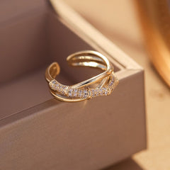 Cross Over Layered Bamboo Cubic Zirconia 18K Gold Anti Tarnish Adjustable Ring for Women