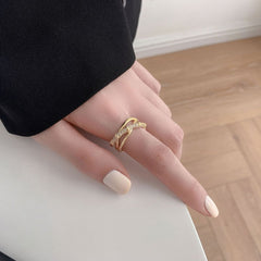 Cross Over Layered Bamboo Cubic Zirconia 18K Gold Anti Tarnish Adjustable Ring for Women