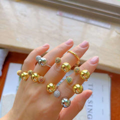 Double Cubic Zirconia 18K Gold Glossy Ball Anti Tarnish Free Size Ring for Women