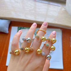 Double Cubic Zirconia 18K Gold Glossy Ball Anti Tarnish Free Size Ring for Women