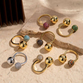 Double Cubic Zirconia 18K Gold Glossy Ball Anti Tarnish Free Size Ring for Women