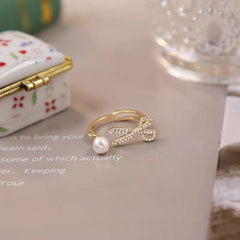 Scissor Pearl Cubic Zirconia 18K Gold Anti Tarnish Free Size Ring for Women
