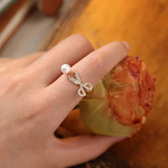 Scissor Pearl Cubic Zirconia 18K Gold Anti Tarnish Free Size Ring for Women