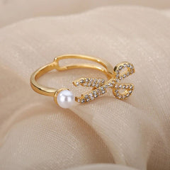 Scissor Pearl Cubic Zirconia 18K Gold Anti Tarnish Free Size Ring for Women