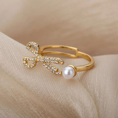Scissor Pearl Cubic Zirconia 18K Gold Anti Tarnish Free Size Ring for Women