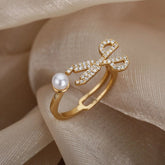 Scissor Pearl Cubic Zirconia 18K Gold Anti Tarnish Free Size Ring for Women